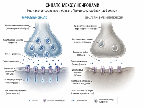 Патология нейромедиаторов при болезни Паркинсона Схема синапса при болезни Паркинсона