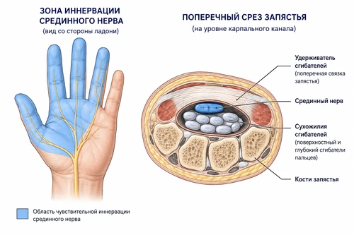 Синдром карпального канала поражает эти отделы кисти Участки кисти, страдающие при СКК
