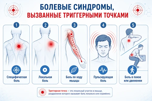 Болеть от триггерных точек может по-разному Варианты болевого синдрома от триггерной точки