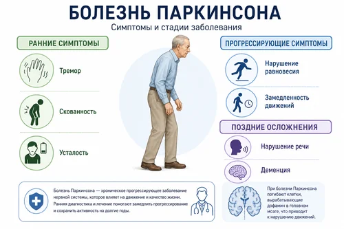 Проявления ранней и поздней стадий болезни Паркинсона Симптомы и проявления болезни Паркинсона – инфографика