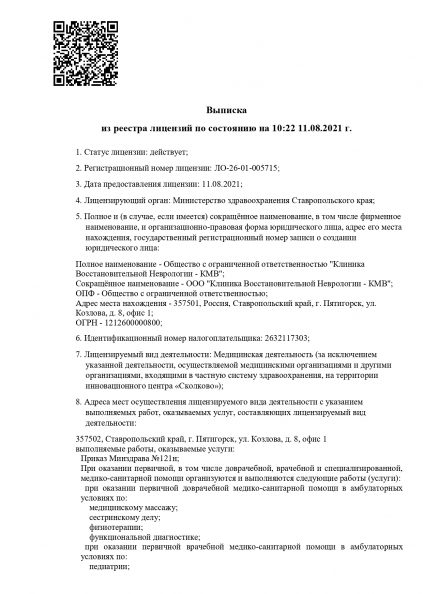 Лицензия клиники восстановительной неврологии в Пятигорске, стр. 1