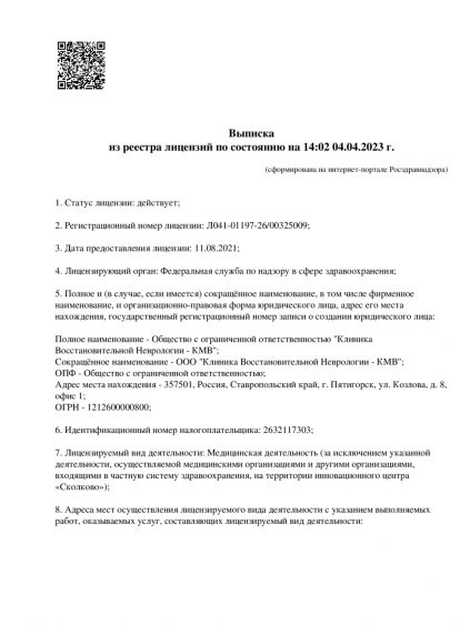 Медицинская лицензия клиники восстановительной неврологии в Пятигорске