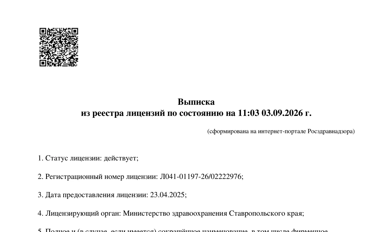 Выписка из реестра лицензий Пятигорск